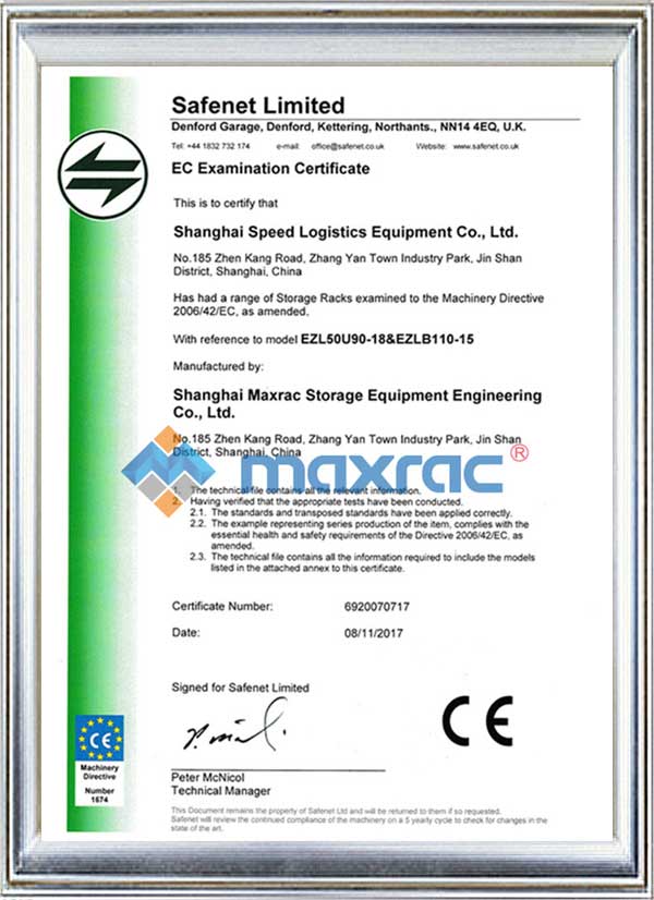 Certificado de estanterías para palets